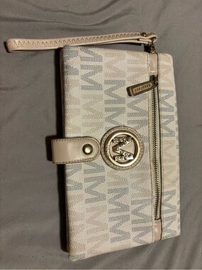 Milan Kiss Cream Logo Wristlet Clutch with Gold Emblem